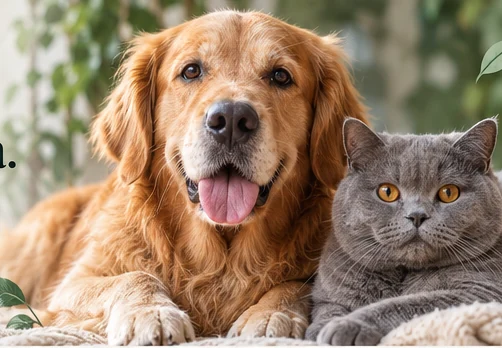 Golden retriever i szary kot wypoczywają razem